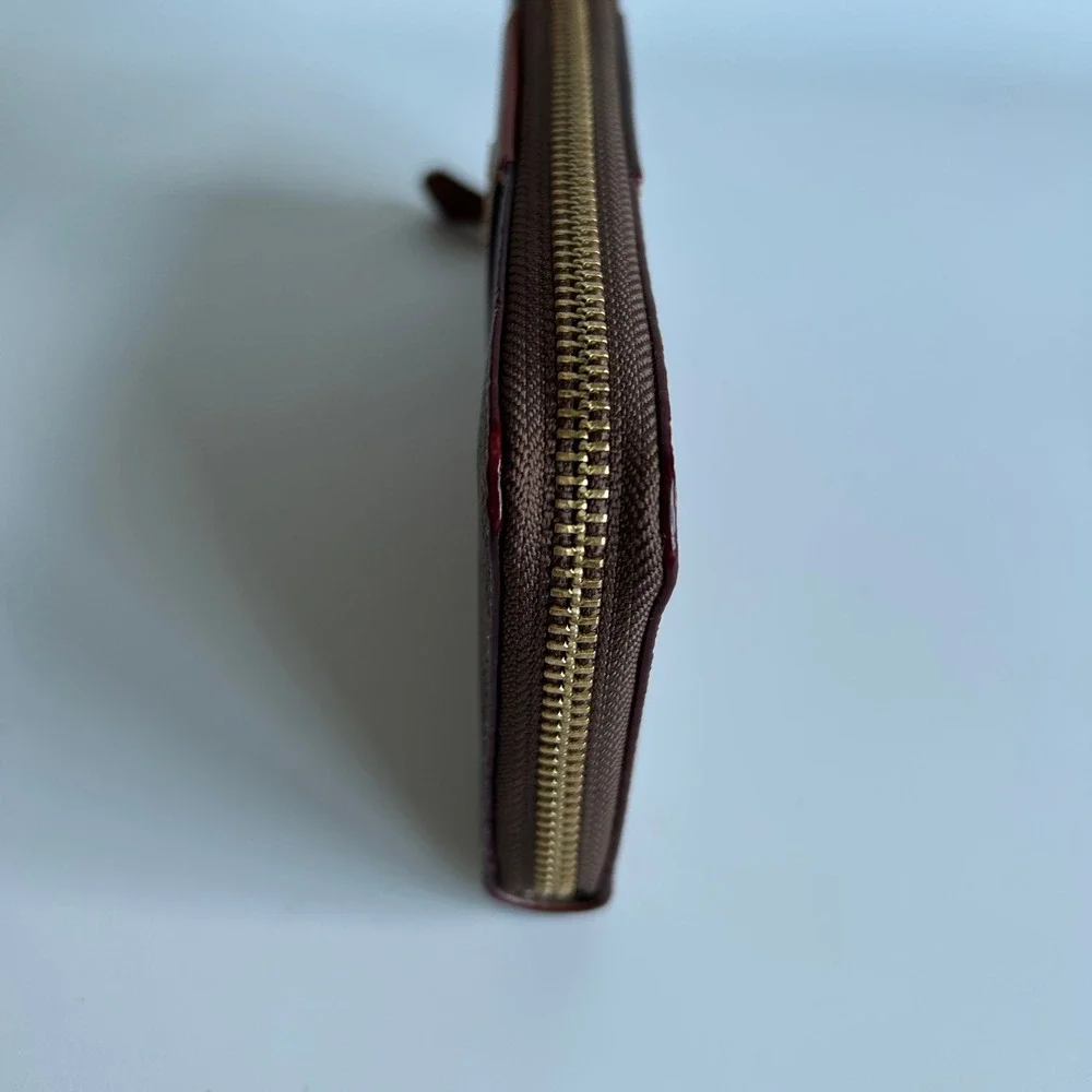 Coach Accordion Zip Brown Signature Canvas Red Leather Wallet Excellent
